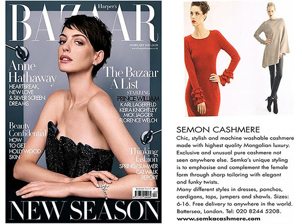 SEMON Cashmere featured in the Feb’13 issue of Harper’s Bazaar
