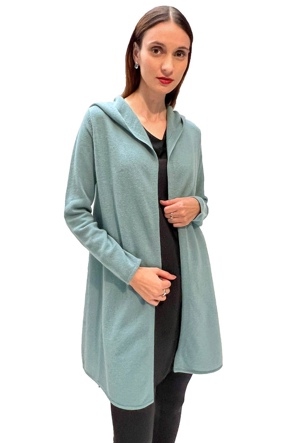 Long Cashmere Cardigan with hood, Cardi in Green duck egg SEMON Cashmere