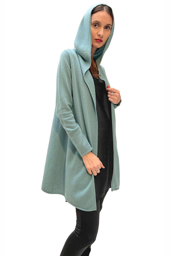 Long Cashmere Cardigan with hood, Cardi in Green duck egg side view | SEMON Cashmere