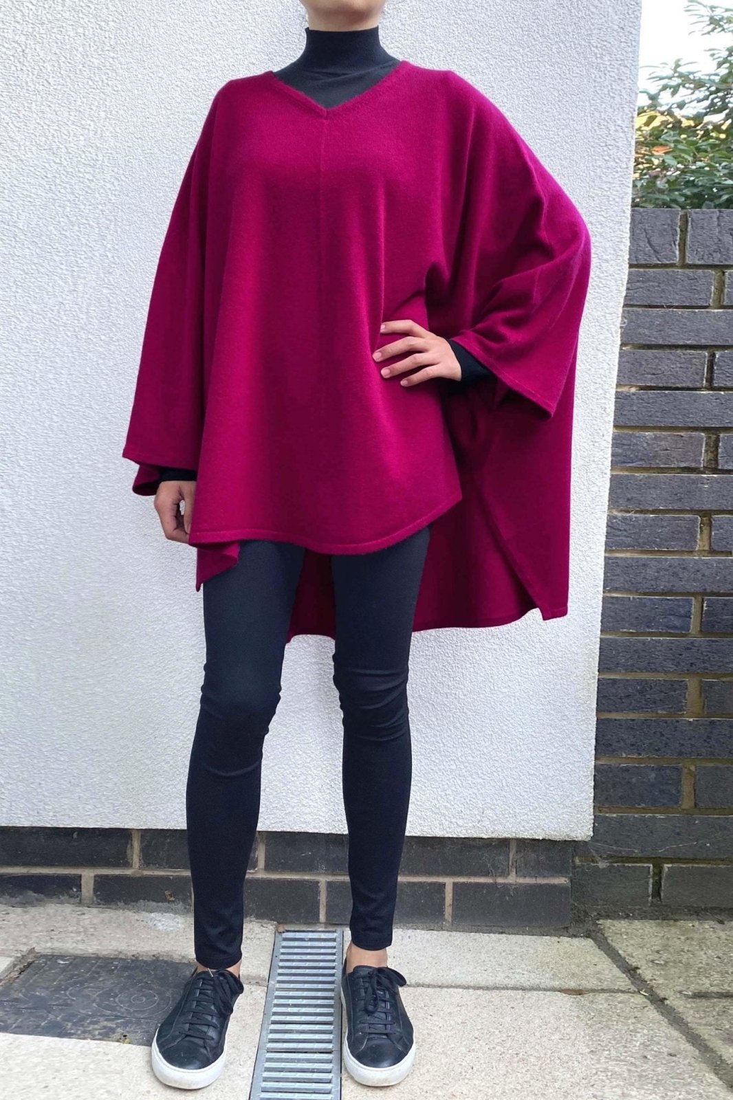 Cashmere Oversized V-neck Jumper Poncho in Cherry pink