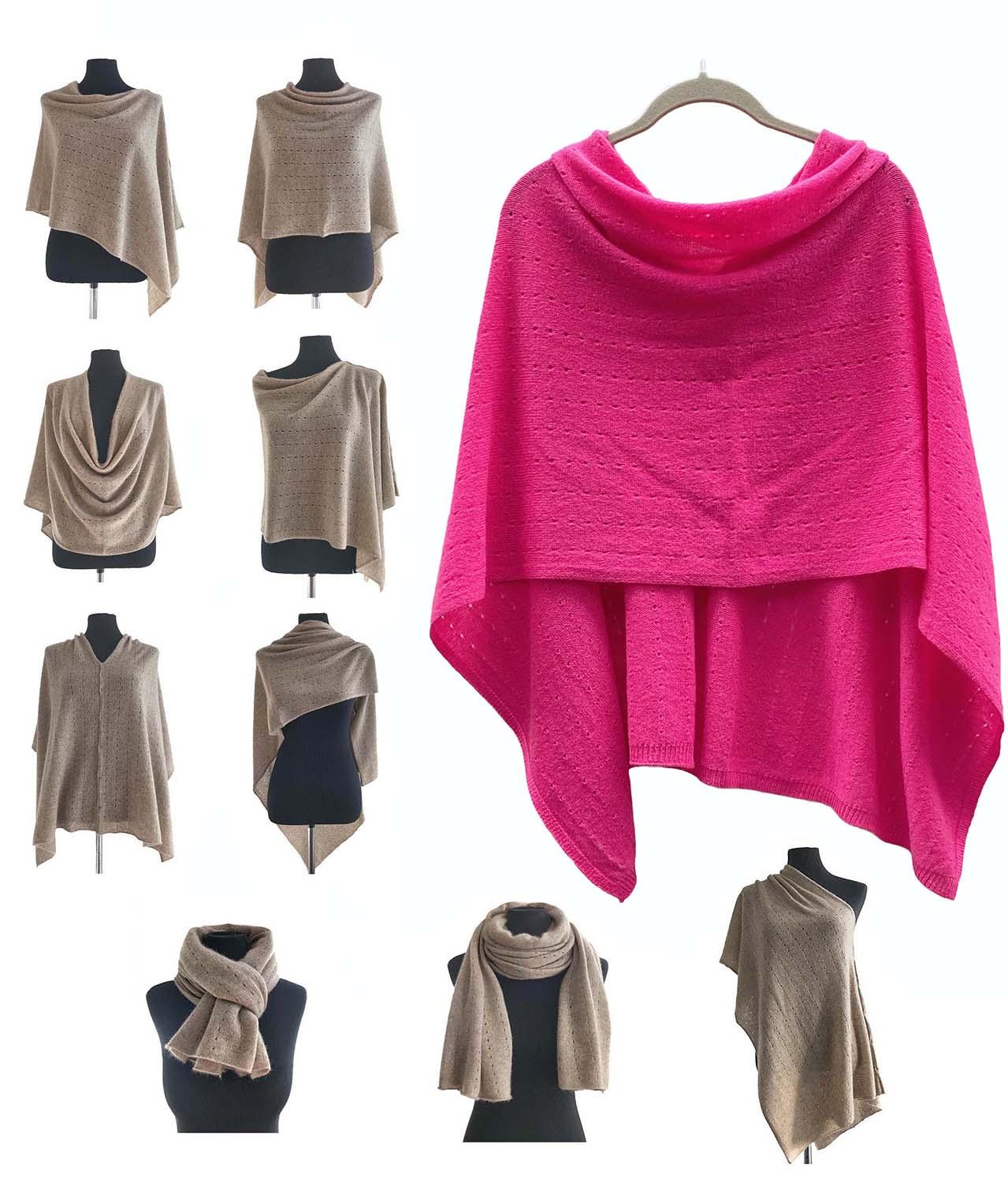 Cerise pink cashmere poncho Multiway