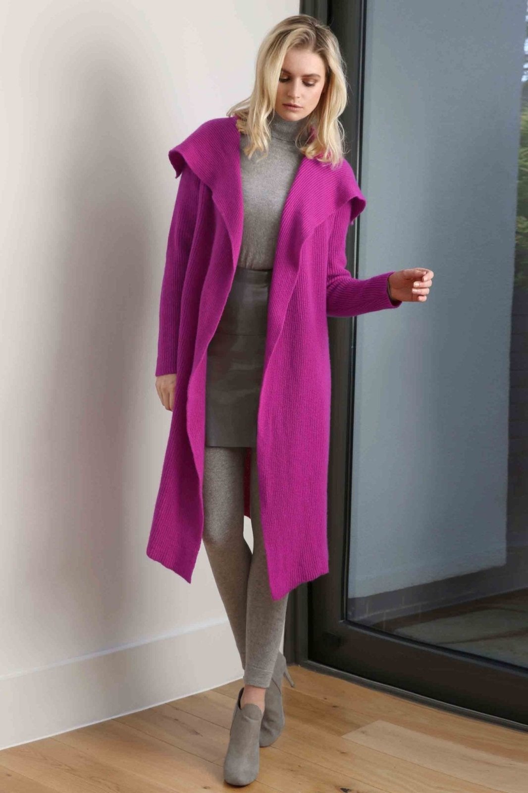 Chunky long cashmere cardigan coat in fuchsia hot pink