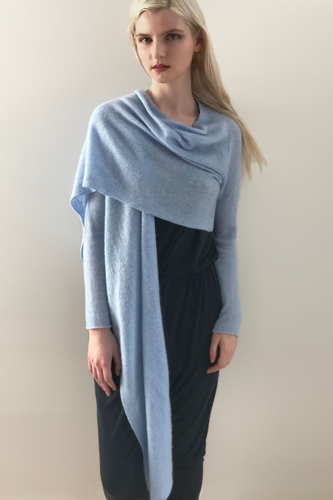 Long front light weight cashmere cardigan in powder blue