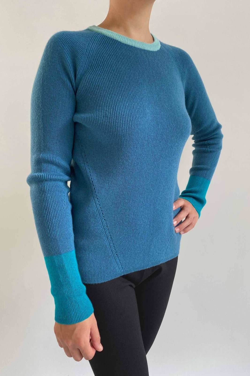 Thick colour block jumper in teal blue