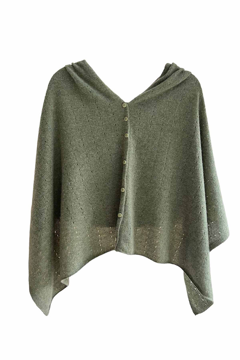 Light olive green Lightweight Cashmere Poncho with Buttons
