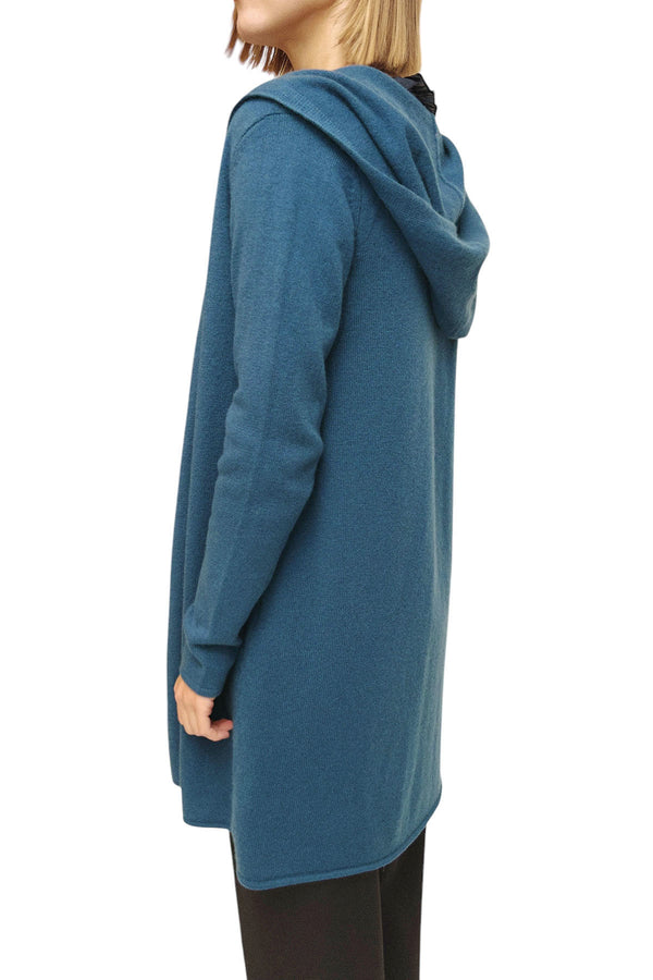 Long teal cashmere cardigan - Hooded - Semon Cashmere