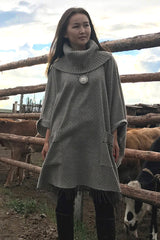 Oversized roll neck Wool Poncho in Beige Biscuit, turtle neck pullover tunic with pockets - SEMON Cashmere