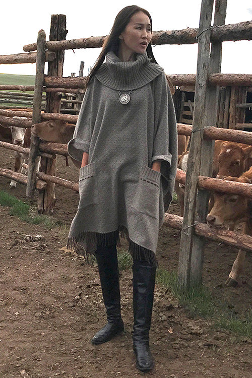 Oversized roll neck Wool Poncho in Beige Biscuit, turtle neck pullover tunic with pockets - SEMON Cashmere