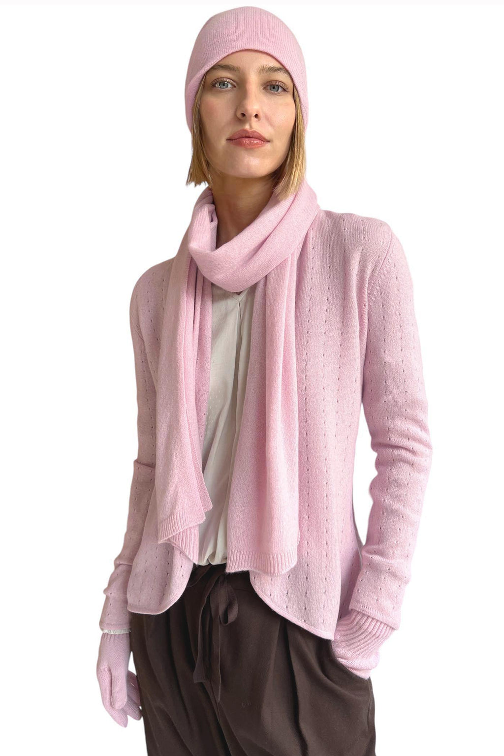 Pale pink cashmere hat scarf and gloves