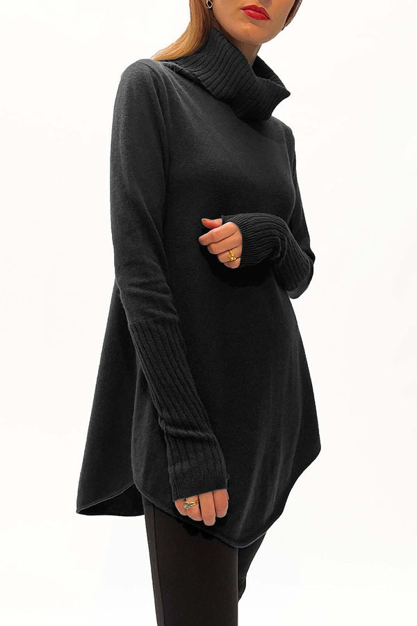 Cashmere Turtleneck tunic dress sweater in Black SEMON Cashmere