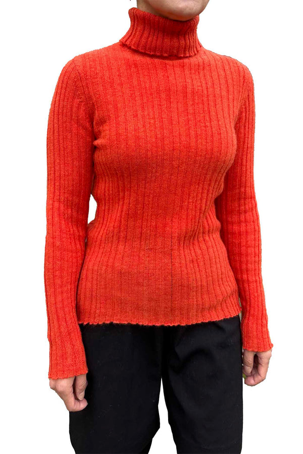 Ribbed cashmere roll neck jumper in burnt orange | Semon cashmere