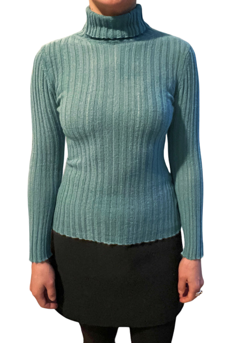 Ribbed cashmere roll neck jumper in duck egg green | Semon cashmere