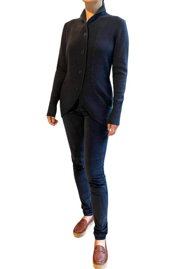 Navy chunky fitted cashmere cardigan with buttons - SEMON Cashmere