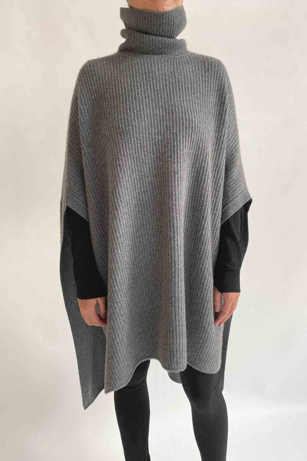 Cashmere Chunky Sweater Poncho with roll neck in Mid grey - SEMON Cashmere