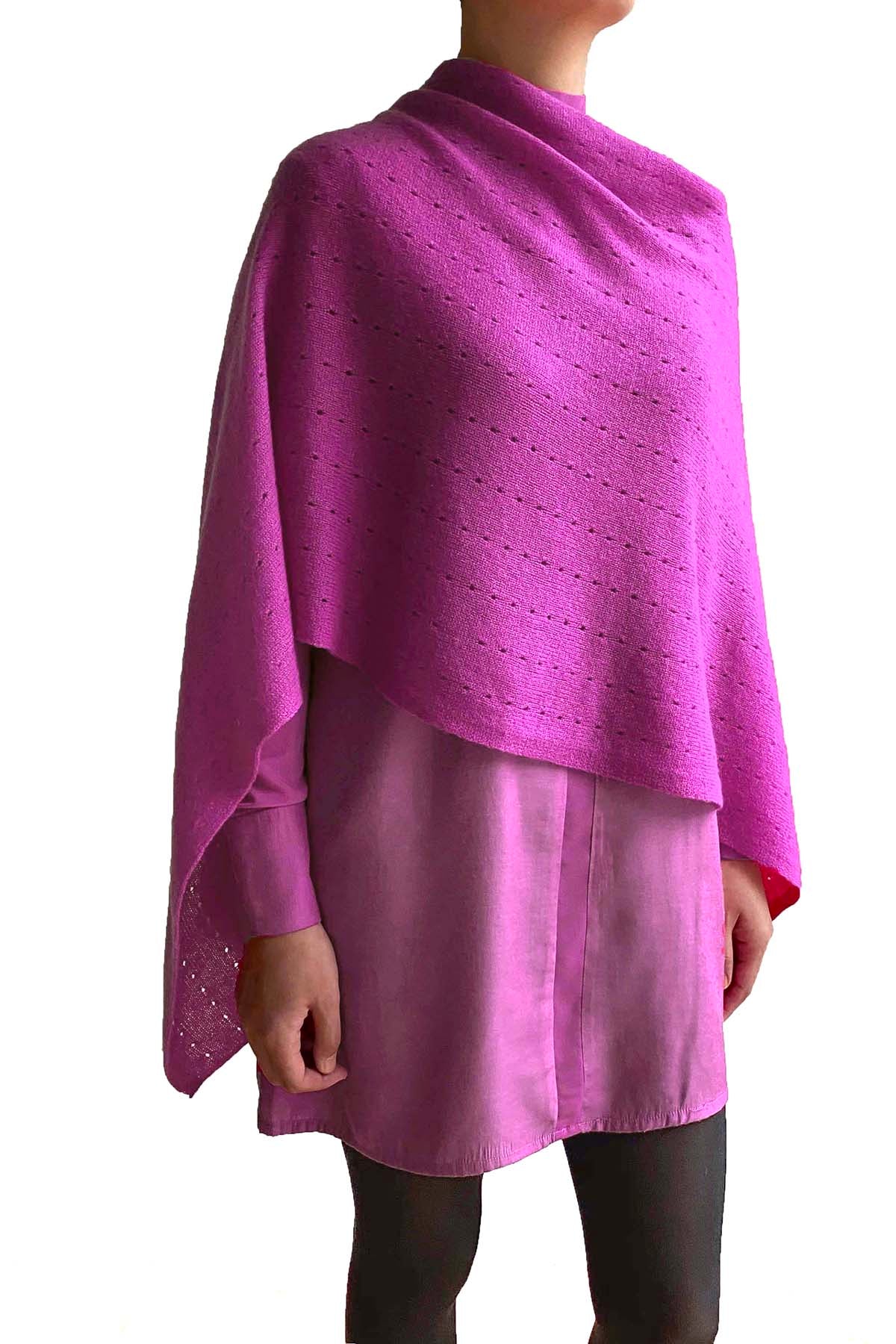Hot pink lightweight summer cashmere poncho with buttons Multiway
