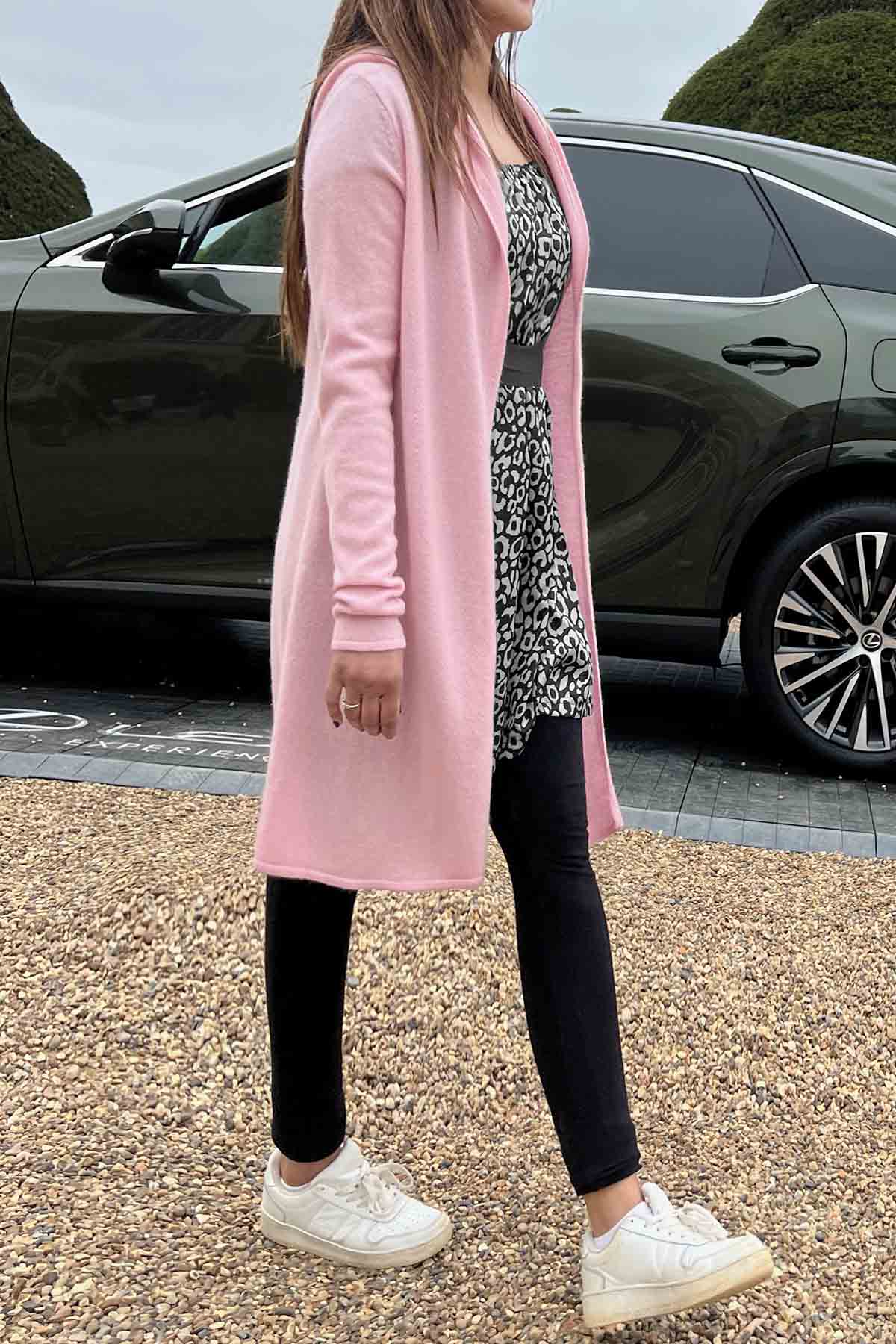 Long Cashmere Hooded Cardigan - Pale pink