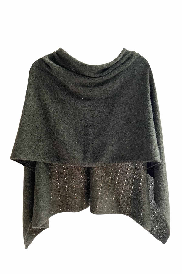Dark olive green Lightweight Cashmere Poncho with Buttons SEMON Cashmere