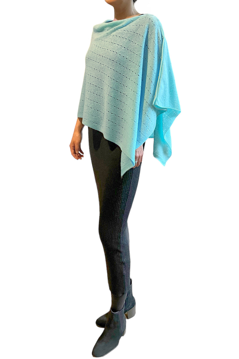 Light turquoise Cashmere Poncho with Buttons SEMON Cashmere