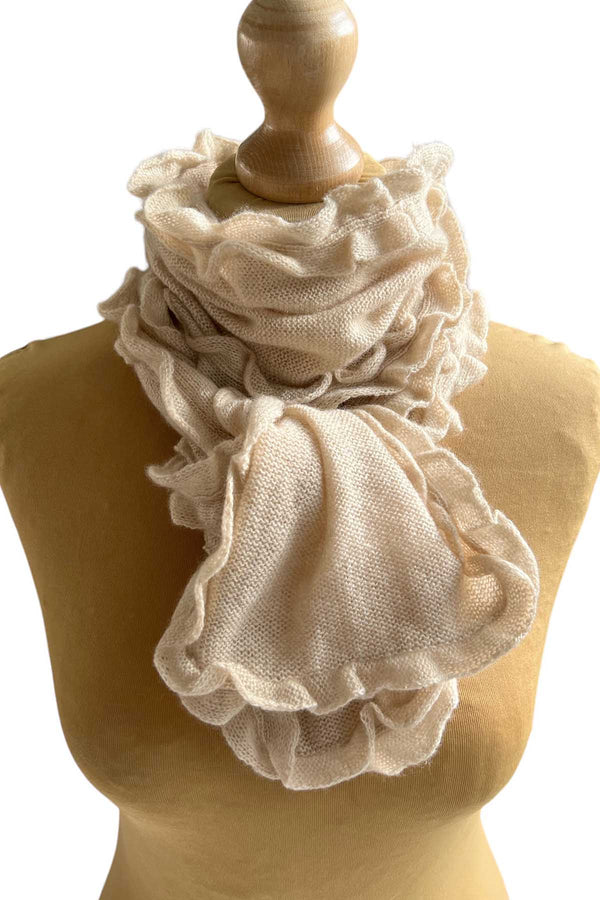 Ruffle edge small cashmere scarf in beige SEMON Cashmere