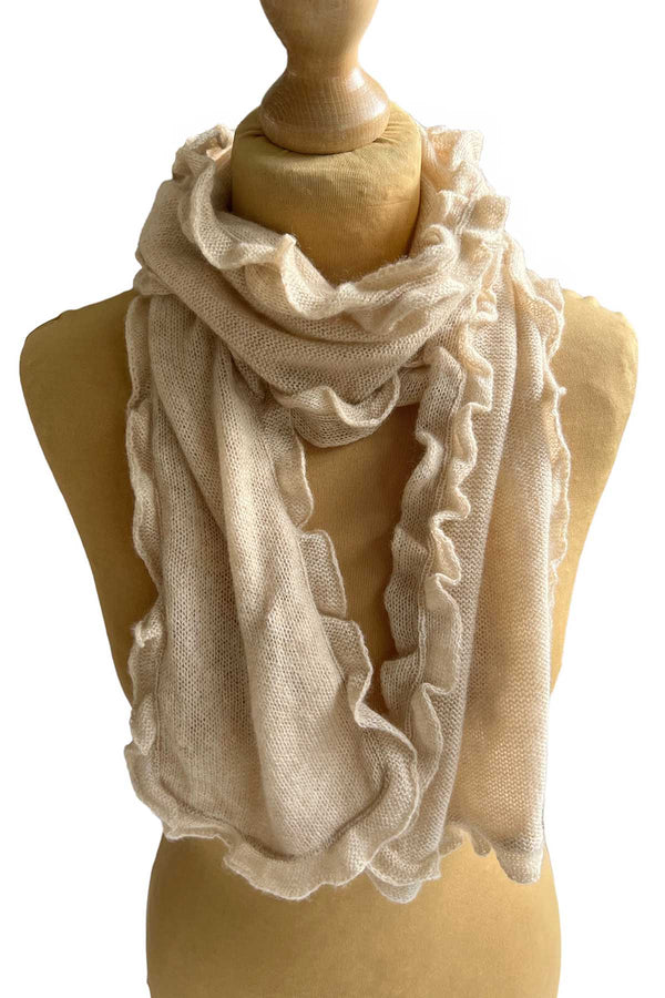 Ruffle edge small cashmere scarf in beige SEMON Cashmere