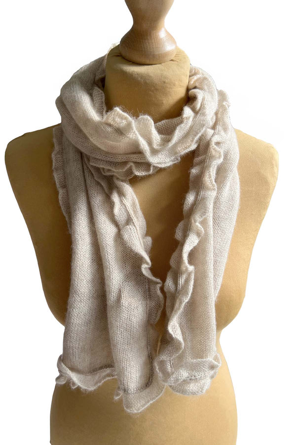 Ruffle edge small cashmere scarf in oat beige SEMON Cashmere