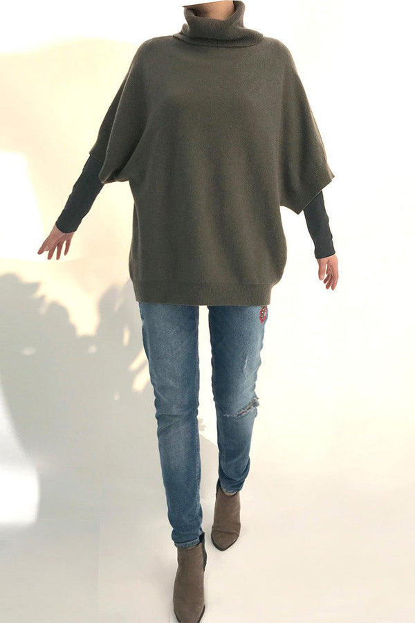 Roll neck batwing cashmere jumper in khaki - SEMON Cashmere