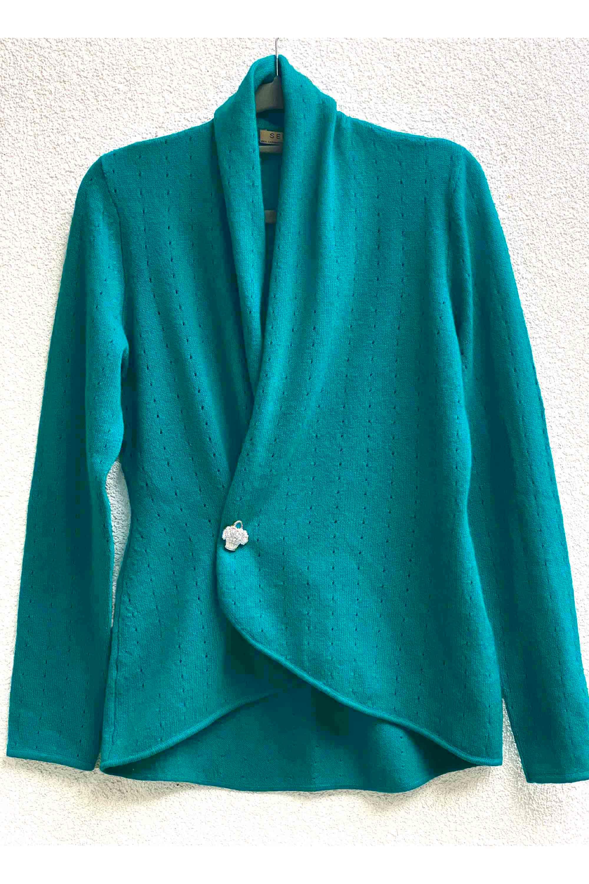 Dark turquoise women’s luxury Cashmere cardigan jacket, blue green ladies light weight summer cardigan, open front tailored jacket, fitted shawl neck collared elegant cardigan sale, open V-neck sweater knit London UK | SEMON Cashmere