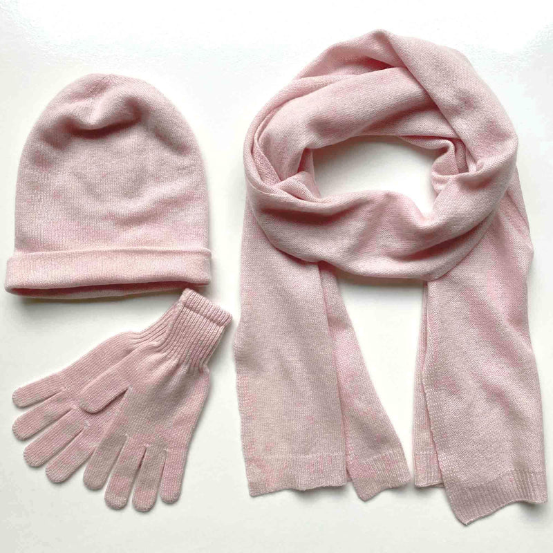 Pale pink cashmere hat scarf and gloves