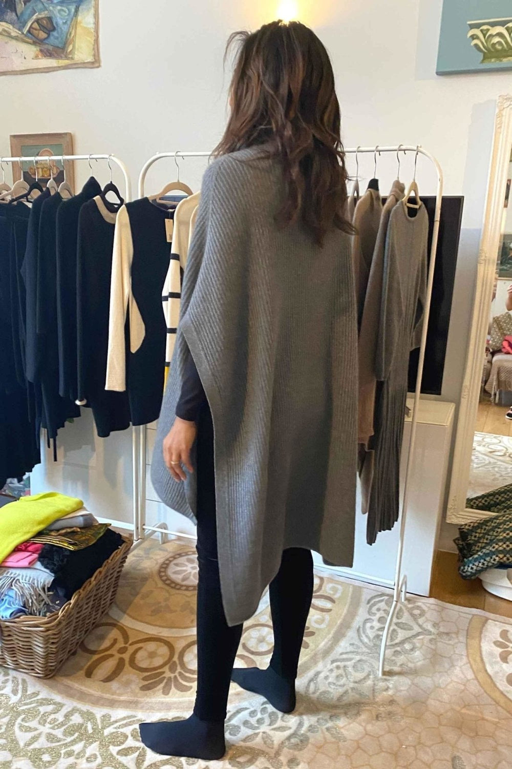 Women s cashmere Chunky Sweater Poncho in Mid grey