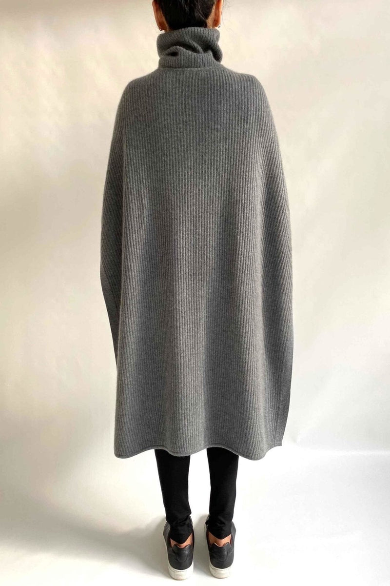 Cashmere Chunky Sweater Poncho with roll neck in Mid grey - SEMON Cashmere