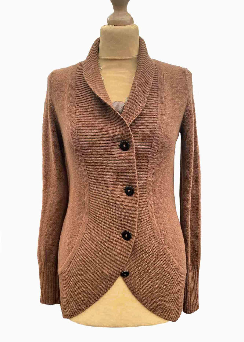 Camel chunky fitted cashmere cardigan with buttons - SEMON Cashmere