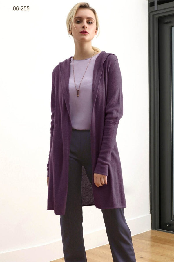 Long hooded cardigan, cashmere hoodie in plum - SEMON Cashmere