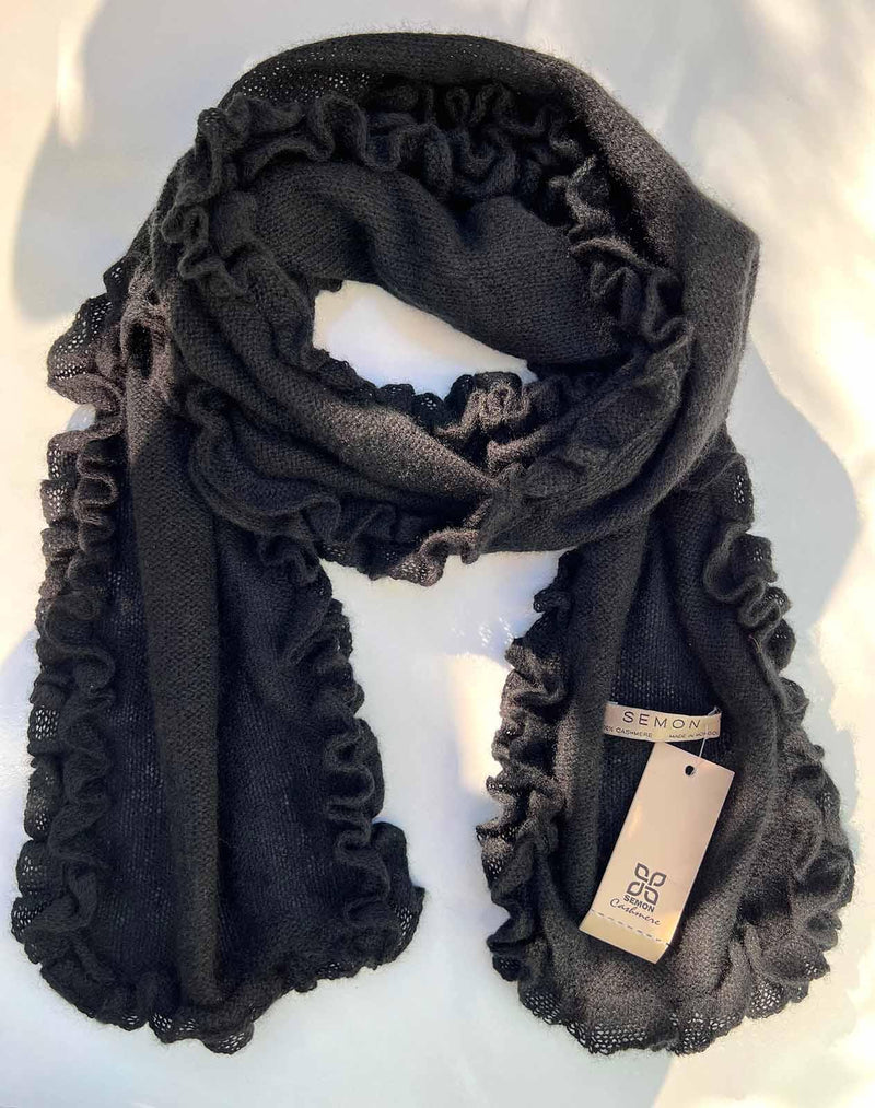 Ruffle edge small cashmere scarf in black - SEMON Cashmere