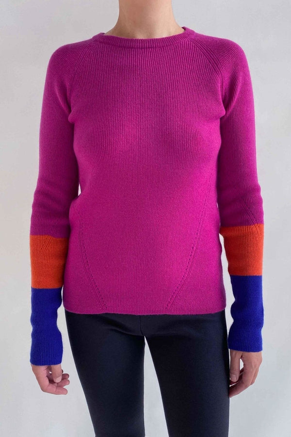 Thick colour block cashmere jumper in hot fuchsia pink - SEMON Cashmere